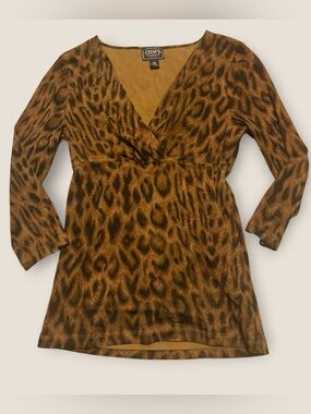 Y2K 90s Chaps Brown Leopard-Print V-Neck Mesh 3/4 Sleeve Top